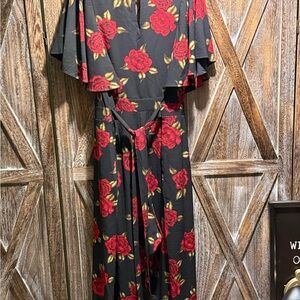 City Chic Black and Red Floral Maxi Dressy Jumpsuit